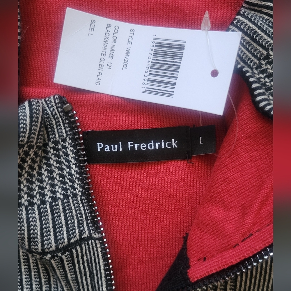 Paul Fredrick Black and Gray Checkered Quarter Zip Mock Neck Sweater - Picture 5 of 9